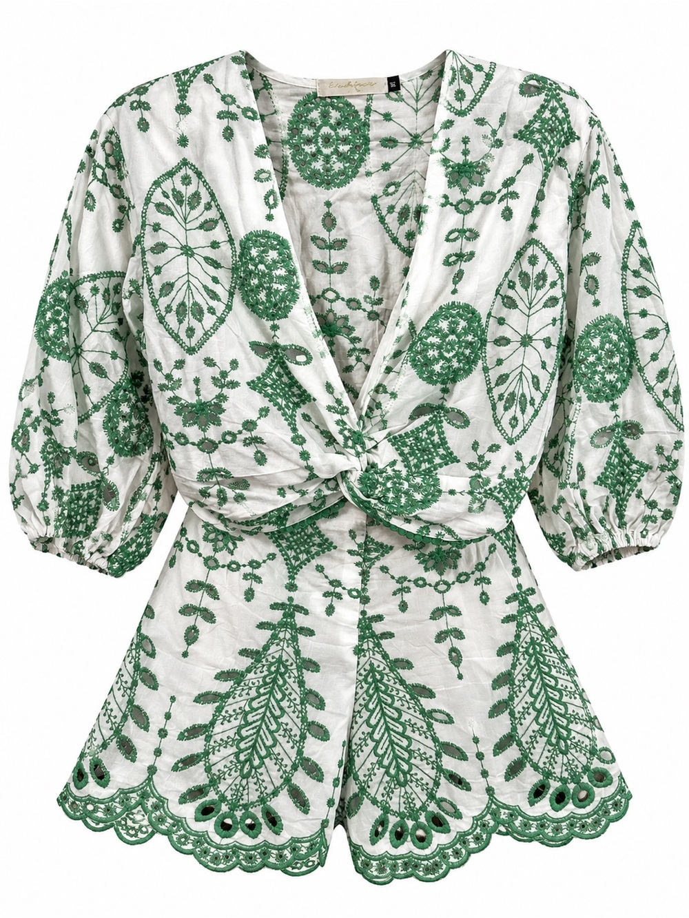 Brooklyn Green White Embroidered Two-Piece Set with Top and Shorts Womens Medium